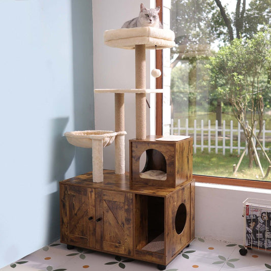 58" 5-Tier Cat Tree, Cat Litter Box Enclosure, Cat Scratching Post, Brown, 31.5X18.9X58"