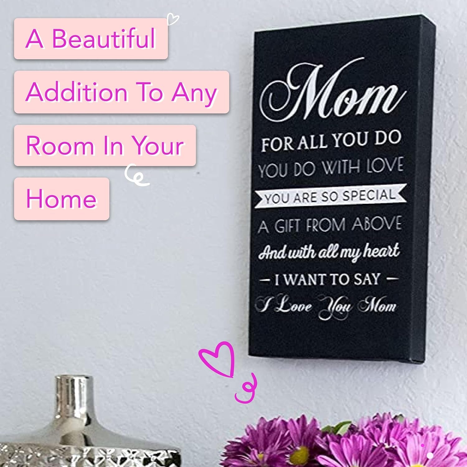 Canvas Wall Art Mom Gifts - Unique Hangable Home Decor - Perfect Birthday & Christmas Gifts from Daughter - Ideal Gifts for Women,Mom from Daughter - Hangable Home Decor - 14X8X1.5In (Black/Canvas)