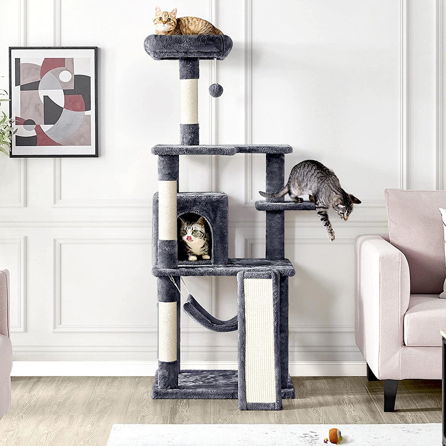 60.5In Multi-Level Cat Tree Tower for Indoor Cats Cat House with Scratching Board Posts, Condo, Hammock, Soft Perch Cat Activity Center Furniture for Large Cats